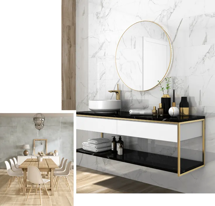 kinara-distribuidores-de-porcelanato-piedra-cerámica-y-baldosas-quienes-somos baño moderno con porcelanato gran formato blanco con betas oscuras en pared piso tipo madera