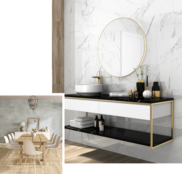 baño moderno con porcelanato gran formato blanco con betas oscuras en pared piso tipo madera
