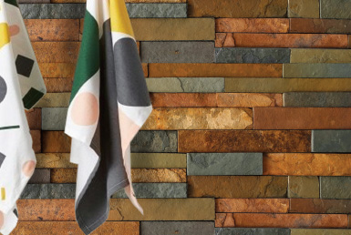 Kinara-importación-y-venta-piedra-natural-15x60cm-interior-exterior-VERDE-ORO hermosa pared tió fachaleta tono verde y oro manteles multicolor