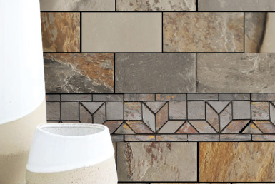 Kinara-distribución-y-venta-piedra-natural-26X10cm-interior-exterior-VENUS pared con revestimiento tipo mosaico de piedra natural tonos tierra con floreros beige y cafe