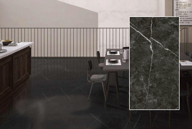 Kinara-importación-y-venta-porcelanato-tipo-cemento-mármol-30x60cm-COLUMBIA-ANTRACITA cocina con meson blanco y comedor gris sillas modernas piso porcelanato y cerámica tipo tipo cemento baldosas