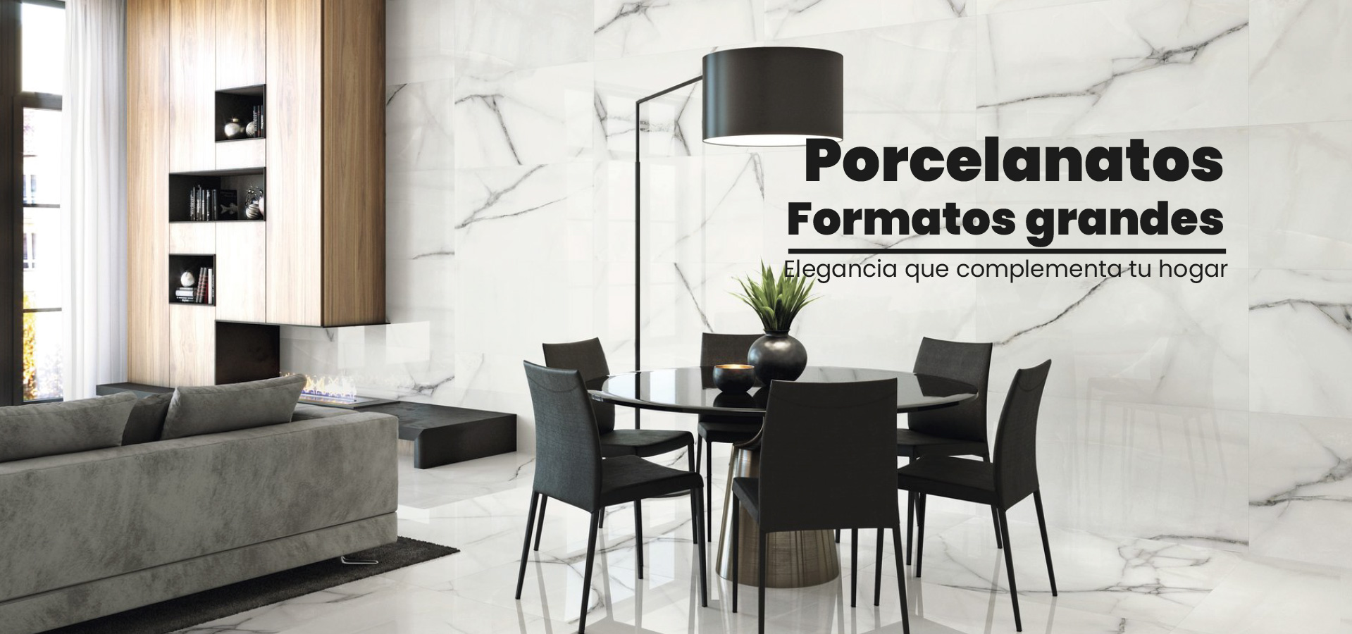 kinara-porcelanatos-XXL-de-pisos-y-paredes Sala de porcelanato formato grande con decoración de bambú, y pisos de cerámicas con mesa en tendencia