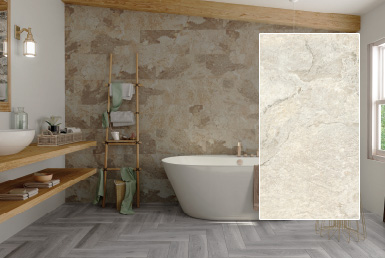 kinara-Porcelanato-Antideslizante-piso-y-pared-30x60-STONE-NATURAL baño moderno con pisos y paredes de piedra y cerámica antideslizante tina blanca meson de madera tonos naturales