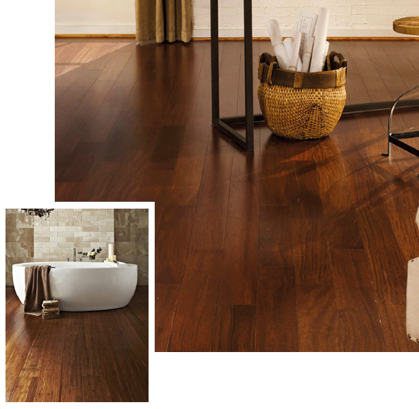 Kinara-Materiales-de-construcción-y-remodelación-pisos-de-bambú-descripción canasta de mimbre sobre piso de bambú carbonizado bañera blanca