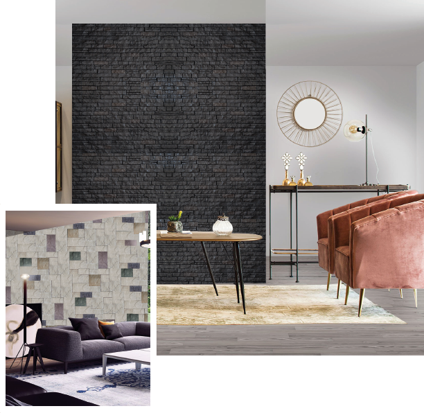Kinara-las-mejores-piedras-decorativas-distribución-y-venta-ecuador-sala sala de estar con fachaleta tipo piedra decorativa color negro pared blanca pisos de porcelanato tipo madera y sillón rosa