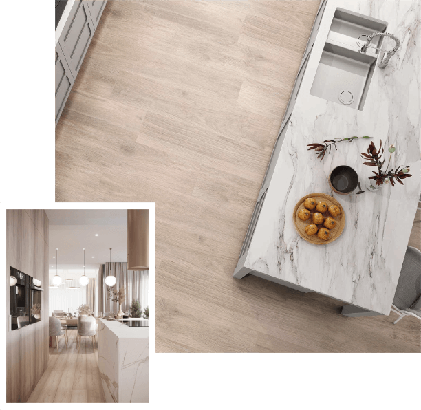 kinara-porcelanatos-españoles-tipo-madera-y-gran formato Ambiente cocina con mesones de porcelanato blanco con betas oscuras piso de porcelanato tipo madera
