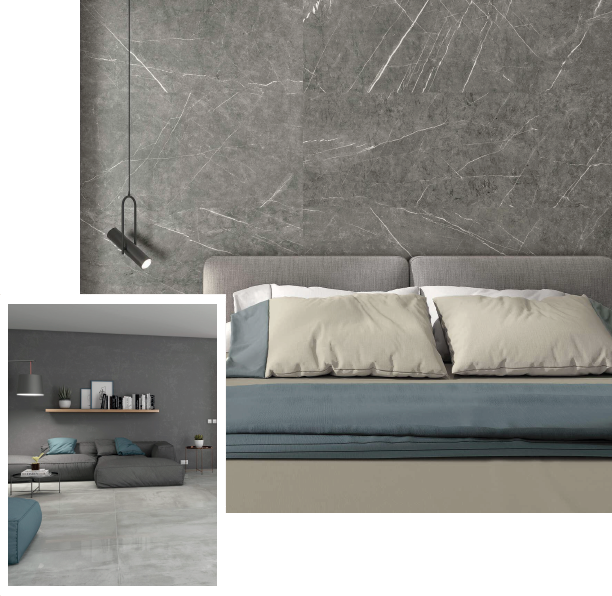 kinara-porcelanato-formatos-grandes Sala en tendencia de porcelanato y cerámica gris formato grande XL Y XXL en pisos y paredes lámpara negra