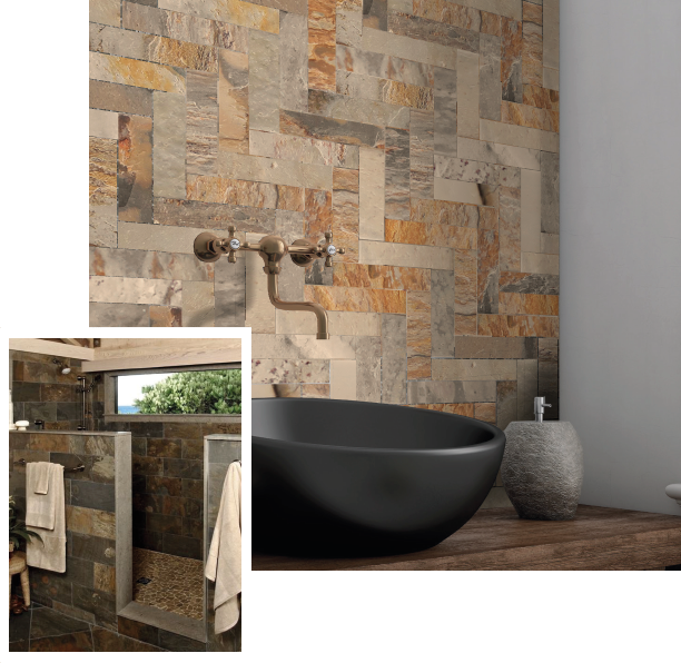 Kinara-distribución-y-venta-piedras-naturales-QUito-y-Guayaquil baño rústico con piedra natural en pisos y paredes grifería dorada lavamanos negro