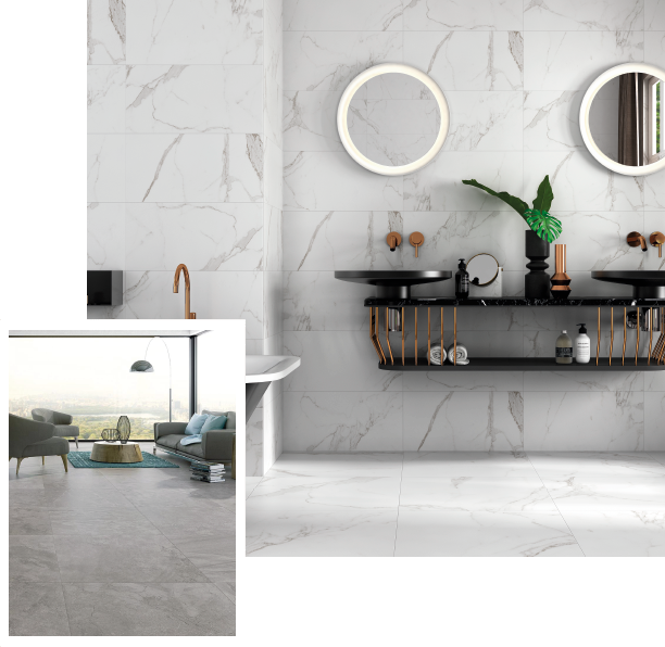 kinara-porcelanato-tipo-cemento-y-mármol-revestimientos-construcción baño moderno con por blanco con betas grises mate sala con ventanas amplias