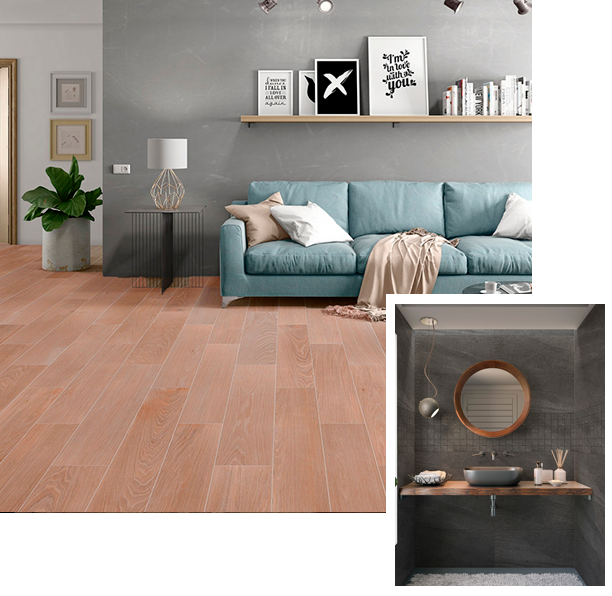 kinara-porcelanatos-españoles-interior-exterior sala con piso de porcelanato tipo madera pared rústica diseño moderno sofá turquesa