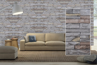 Kinara-las-mejores-piedras-decorativas-pared-distribución-y-venta-ecuador-ALPES-GRAFITO sala pared con piedra decorativa tipo fachaleta lámpara blanca y muebles lineales