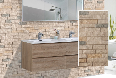 Kinara-las-mejores-piedras-decorativas-pared-distribución-y-venta-ecuador-BAIKAL-BEREZA diseño interior baño con fachaleta de piedra decorativa tono café claro muebles de madera y mesón porcelanato blanco
