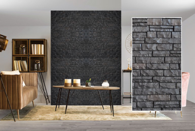 Kinara-las-mejores-piedras-decorativas-pared-distribución-y-venta-ecuador-BAIKAL-NEGRA sala de estar con fachaleta tipo piedra decorativa negra pisos de porcelanato tipo madera