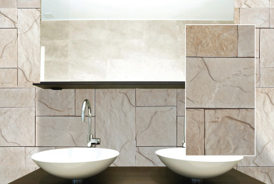 Kinara-las-mejores-piedras-decorativas-pared-distribución-y-venta-ecuador-HIMALAYA-MARFIL lavamanos blancos sobre porcelanato gran formato y piedra decorativa marfil en la pared