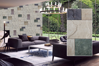 Kinara-las-mejores-piedras-decorativas-pared-distribución-y-venta-ecuador-HIMALAYA-MULTICOLOR espacio interior sala con piedra decorativa multicolor tipo fachaleta muebles oscuros con jardines verticales