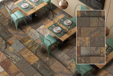 Kinara-distribución-y-venta-piedra-natural-30x60-interior-exterior-AQUA-GOLD restaurante ambiente rústico con piso de piedra natural sillas color menta y mesas de madera vajilla blanca