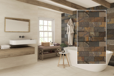 Kinara-distribución-y-venta-piedra-natural-15X30cm-interior-exterior-AQUA-GOLD baño moderno tina y lavamanos blanco pared de piedra natural y piso de cerámica porcelanato beige xxl