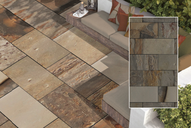 Kinara-distribución-y-venta-piedra-natural-30x60-interior-exterior-VENUS sala ambiente exterior con pisos y paredes de piedra natural y plantas