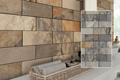 Kinara-importación-y-venta-piedra-natural-15x30cm-interior-exterior-VENUS baño con pared revestida usando piedra natural tonos tierra