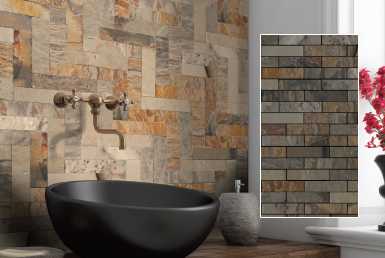 Kinara-importación-y-venta-piedra-natural-7.5x30cm-interior-exterior-VENUS baño rústico pared piedra natural mesón de madera grifería dorada lavamanos negro