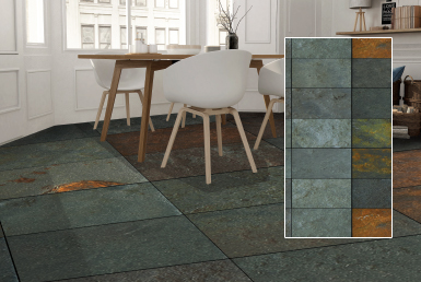 Kinara-distribución-y-venta-piedra-natural-30x60-interior-exterior-VERDE-ORO comedor moderno con revestimiento de piedra natural tipo cerámica tono verde oro sillas blancas con madera