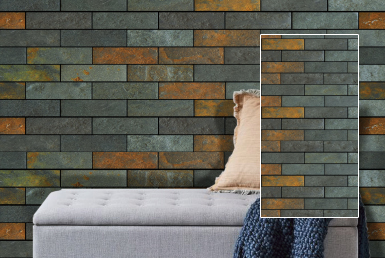 Kinara-importación-y-venta-piedra-natural-7.5x30cm-interior-exterior-VERDE-ORO pared rústica con piedra natural color verde y cobre