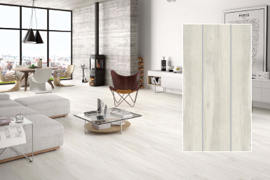 Kinara-importación-y-venta-porcelanato-tipo-madera-23.3x120-cm-ATELIER-BLANCO sala moderna con pared tipo fachaleta en piedra decorativa piso porcelanato tipo madera claro muebles blancos