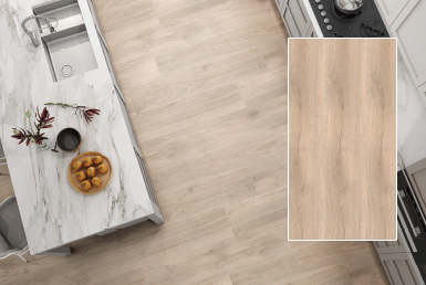Kinara-importación-y-venta-porcelanato-tipo-madera-23.3x120-cm-MAUI-CAPUCCINO cocina moderna meson porcelanato gran formato color blanco piso porcelanato tipo madera claro