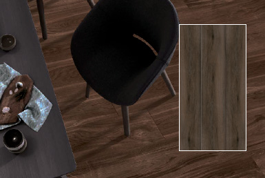 Kinara-importación-y-venta-porcelanato-tipo-madera-23.3x120-cm-ATELIER-WENGUE comedor moderno de madera silla moderna piso con porcelanato tipo madera oscuro