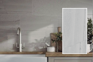 Kinara-importación-y-venta-porcelanato-tipo-cemento-mármol-30x60cm-KIRKBY-PEBBLE-WHITE-SLATE cocina meson madera pared porcelanato y cerámica baldosas tipo cemento