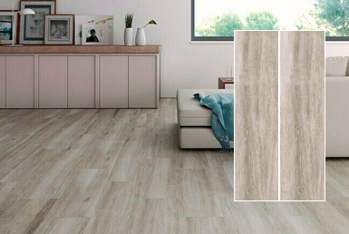 Kinara-importación-y-venta-porcelanato-tipo-madera-23.3x120-cm-ATELIER-TAUPE sala moderna con mueble claro meson de madera moderno con porcelanato tipo madera en el piso