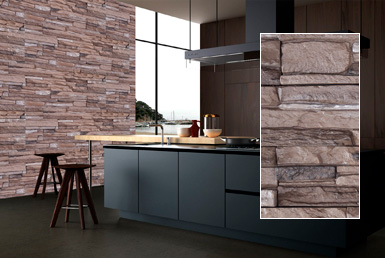 Kinara-las-mejores-piedras-decorativas-pared-distribución-y-venta-ecuador-ALPES-CAFÉ cocina moderna con piedra decorativa en pared piso de porcelanato gran formato