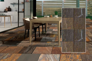Kinara-distribución-y-venta-piedra-natural-30X30cm-interior-exterior-AQUA-GOLD comedor mesa moderna color beige piso en piedra natural tipo fachaleta