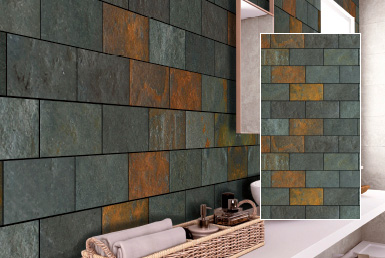 Kinara-distribución-y-venta-piedra-natural-15X30cm-interior-exterior-VERDE-ORO ambiente baño con pared de piedra natural color verde oro mesones de porcelanato formato grande blanco