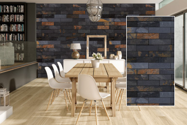 Kinara-importación-y-venta-piedra-natural-7.5x30cm-interior-exterior-ONIX sala de juntas vintage con piedra natural instalada en la pared y pido de porcelanato tipo madera sillas blancas mesa de madera