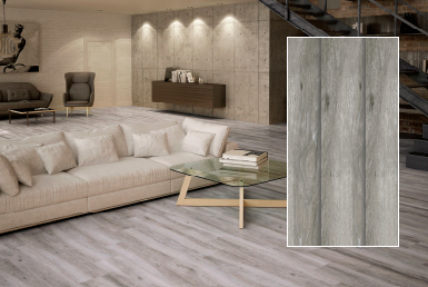 Kinara-importación-y-venta-porcelanato-tipo-madera-23.3x120-cm-ATELIER-GRIS sala moderna con pared tipo fachaleta en piedra decorativa piso porcelanato tipo madera oscuro mueble blanco
