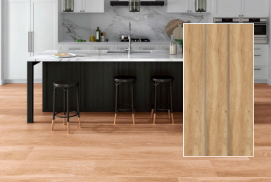 Kinara-importación-y-venta-porcelanato-tipo-madera-23.3x120-cm-ATELIER-NATURAL cocina moderna con porcelanto en la pared y mesones porcelanato tipo madera claro mesa de cocina negra y blanco