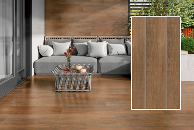 Kinara-importación-y-venta-porcelanato-tipo-madera-23.3x120-cm-BORNEO-BROWN sala moderna abierta jardin muebles grises pared y pisos porcelanato tipo madera café
