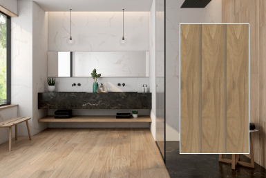 Kinara-importación-y-venta-porcelanato-tipo-madera-22.5x119.5-cm-rectificado-NAMUR-ROBLE baño moderno pared porcelanato blanco meson color negro piso porcelanato tipo madera