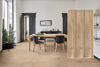 Kinara-importación-y-venta-porcelanato-tipo-madera-20x120-cm-rectificado-ETERNAL-ROBLE comedor moderno mesa madera sillas negras mueble blanco piso porcelanato tipo madera cafe