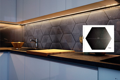 CERAMICA-HEXAGONAL-CONNECT-BLACK--20X23-CM Cerámica hexagonal negro decorativo en cocina, con encimeras negro con blanco