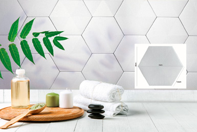 CERAMICA-HEXAGONAL-CONNECT-WHITE-20X23CM Cerámica hexagonal en pared de baño con pisos de madera blanco y toallas blancas