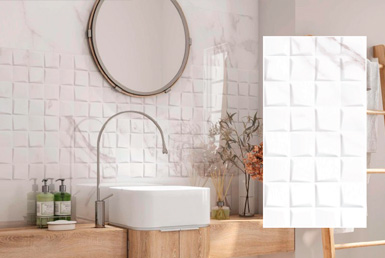 CERAMICA-PALATINA-TERA---30X90-CM cerámica decorativa color blanco con grifo y lavamanos blanco, y espejo.