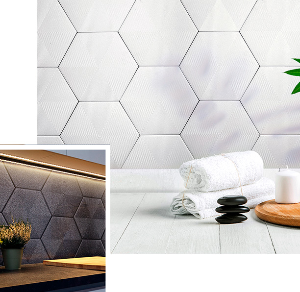 KINARA-CERAMICA-HEXAGONAL Collage de cerámica hexagonal blanco mate y cerámica hexagonal negro mate en cocina