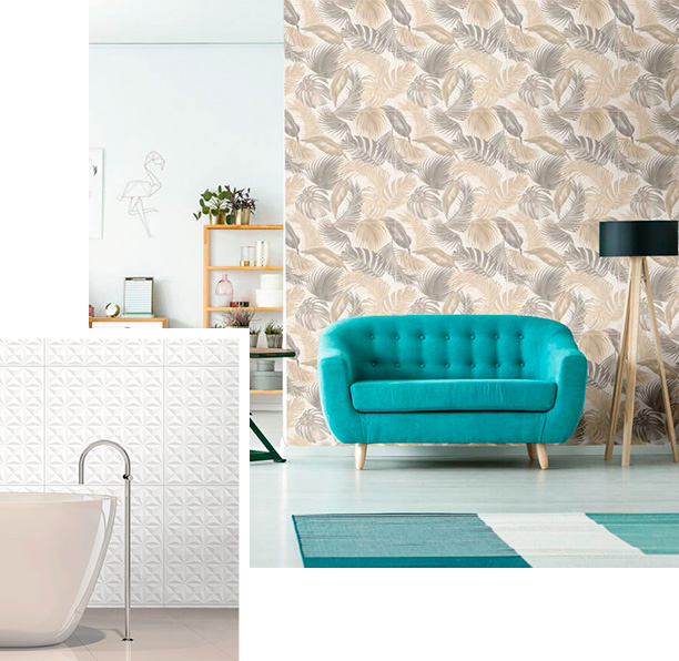 KINARA-REVESTIMIENTOS-DECORATIVOS Collage de dos fotos con porcelanato de hojas en pared de sala y sillon color celeste y piso de porcelanato blanco. otra foto con pared revestimiento blanco