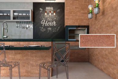 CERÁMICA TIPO LADRILLO -BRICK-TERRACO--7,5X25CM Cerámica decorativa en pared tipo ladrillo color tomate con sillas cafes y piso de porcelanato beige