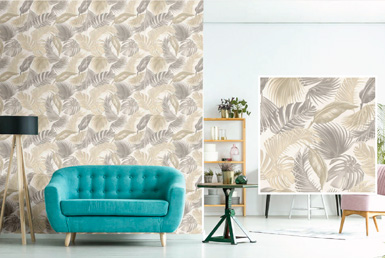 CERÁMICA DECORATIVA PARED-DONNA--61X61CM Pared decorativa de porcelanato con cerámoca de flores y sillon celeste