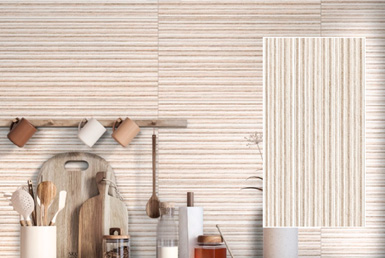 CERÁMICA PARED-DECORATIVA-LUZZI-BEIGE--37X74CM Cerámica decorativa en pared de edificio Quito, color beige con accesorios de cocina