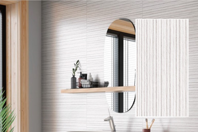 CERÁMICA-DECORATIVA-PARED-LUZZI-GRIGIO--37X74CM Cerámica decorativa en pared blanco de lineas con espejo cricular