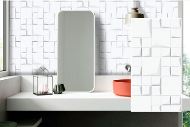 CERÁMICA-BLANCA-DECORATIVA-MAGNO-30X59CM Cerámica decorativa blanco en pared de baño con meson blanco mate de porcelanato